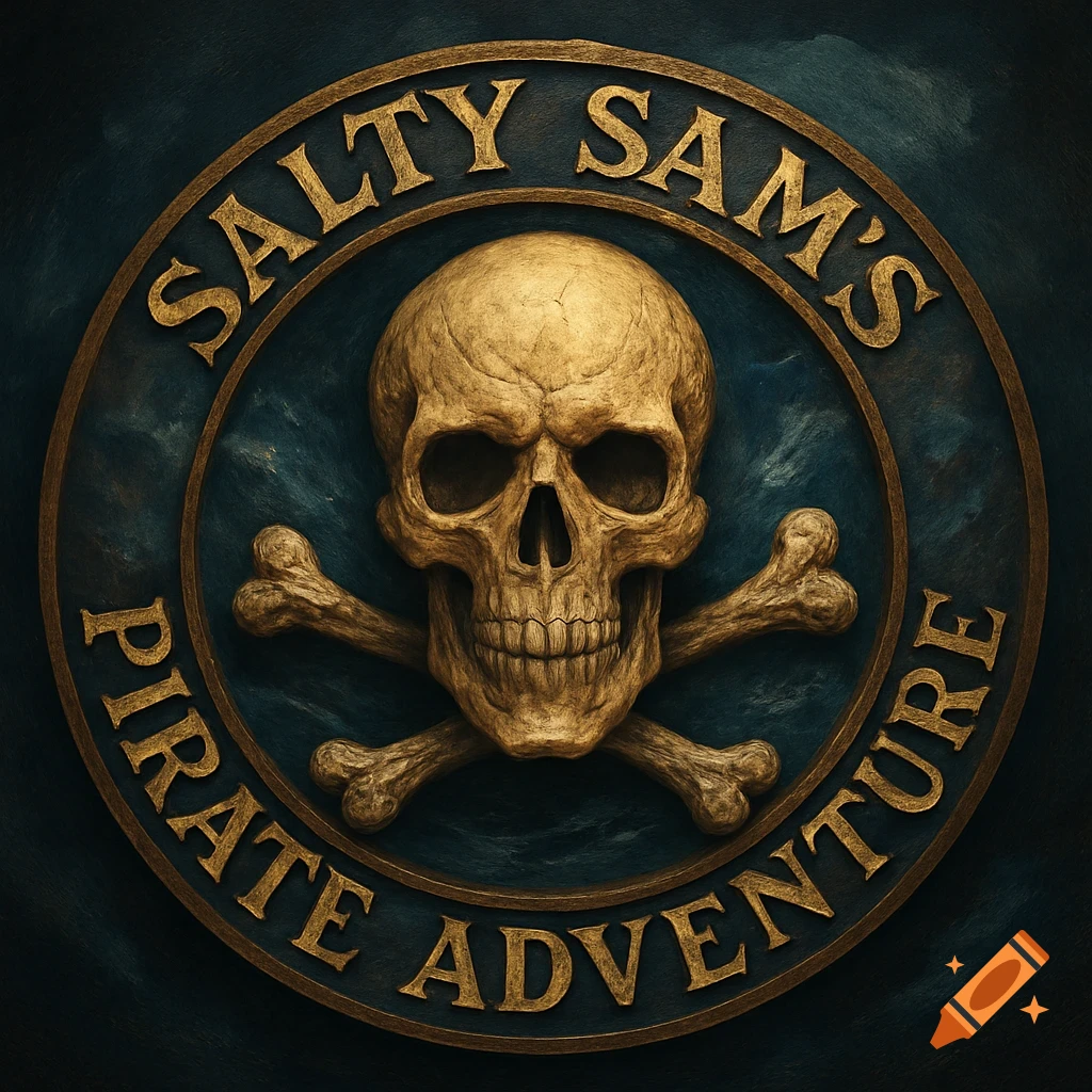 A round golden emblem with a skull and crossbones and the words 'Salty Sam's Pirate Adventure' against a dark blue background.