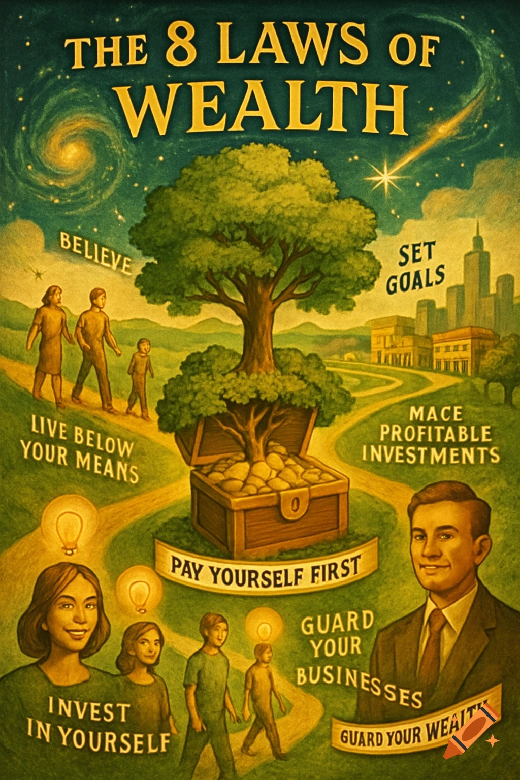 An illustrated vintage-style poster titled 'The 8 Laws of Wealth' showing a tree of money, people, lightbulbs, and text with financial advice.