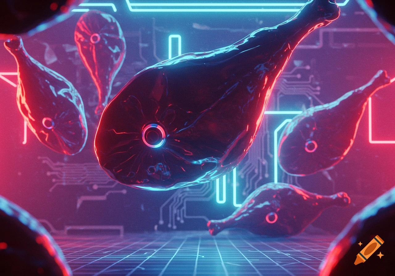 Stylized, glowing dark ham-like shapes float in a neon-lit, futuristic environment with circuit board patterns.