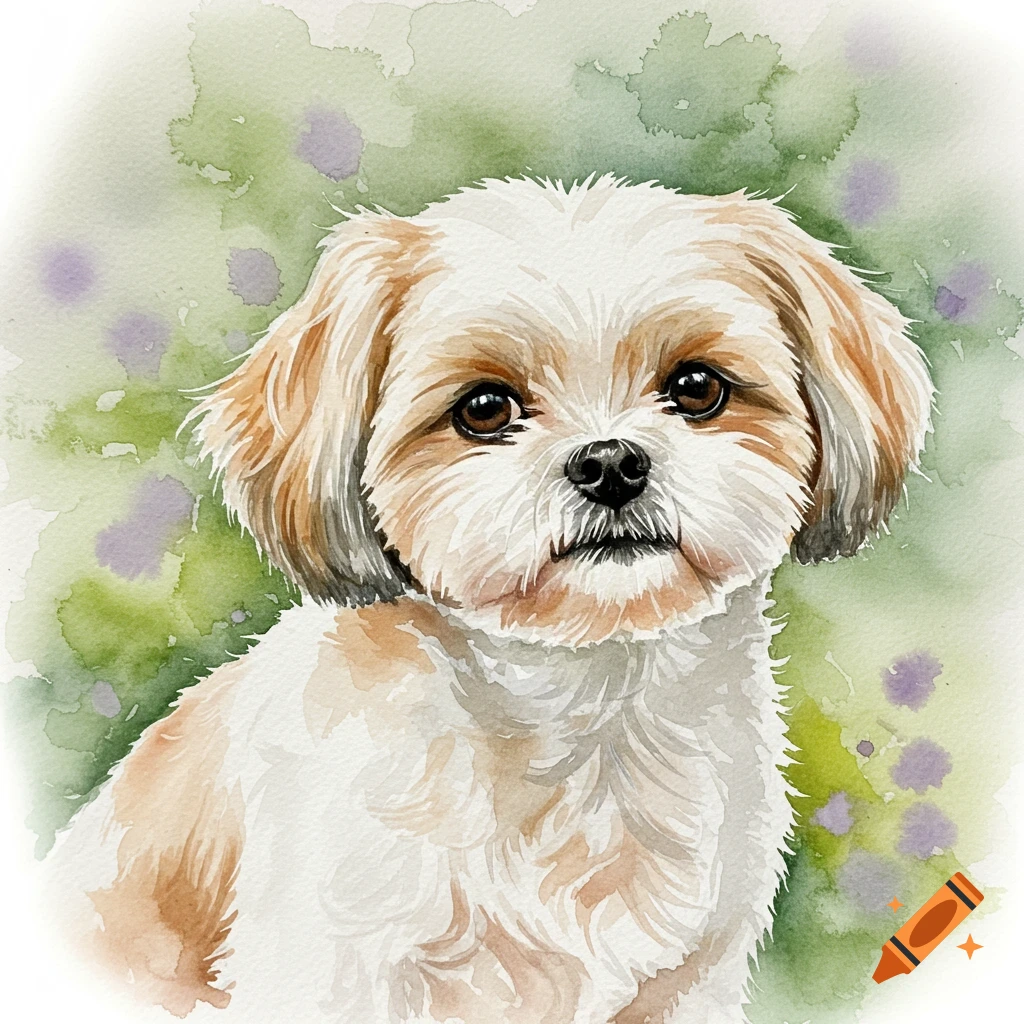 Watercolor portrait of a shih tzu with white and brown fur against a green and purple background.