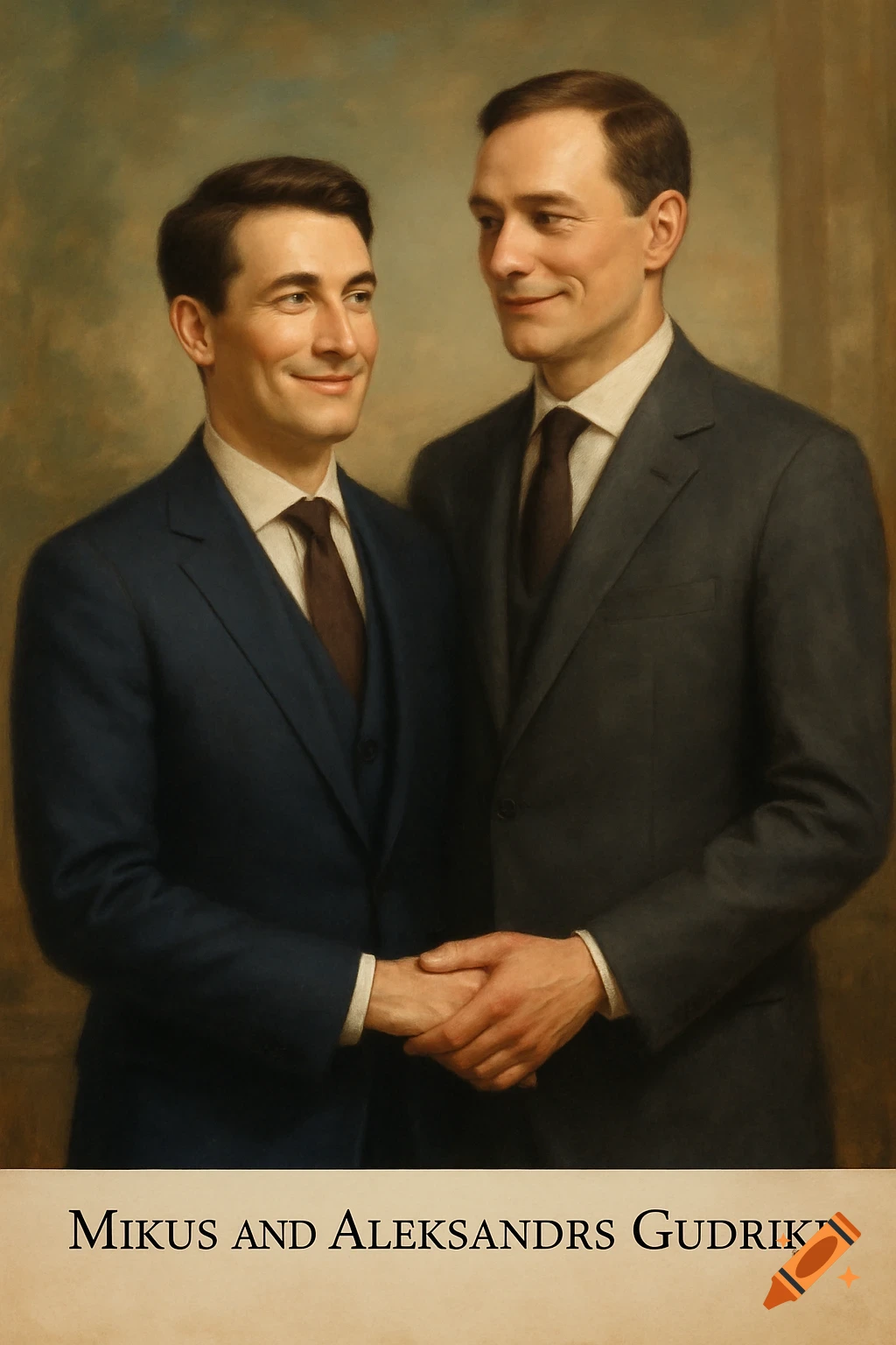 A formal, painterly portrait of two men in suits standing close, holding hands, with a classical background. Text 'Mikus and Aleksandrs Gudriki' below.