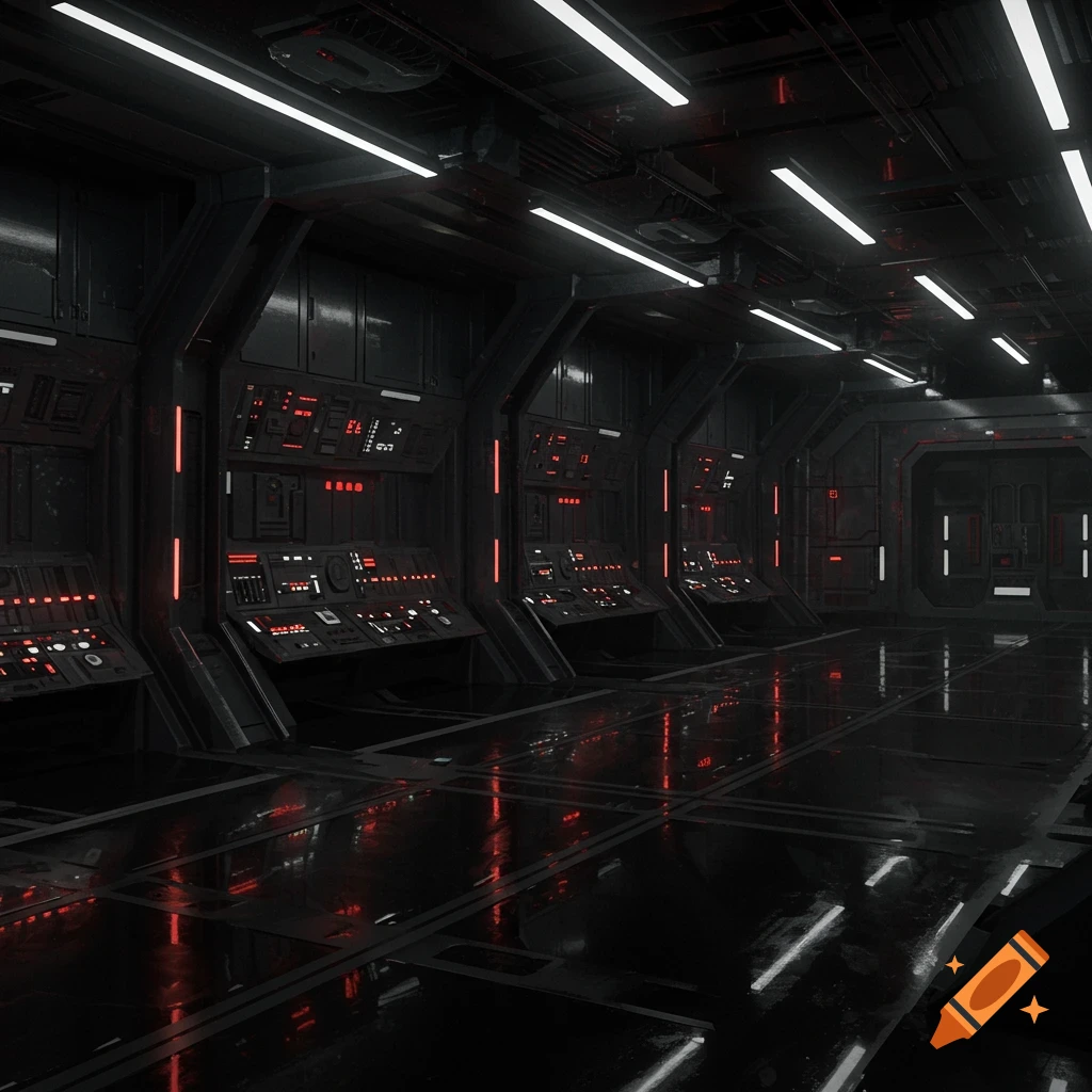 A dark, futuristic control room with red lit panels, a glossy black floor reflecting lights, and long white ceiling lights.