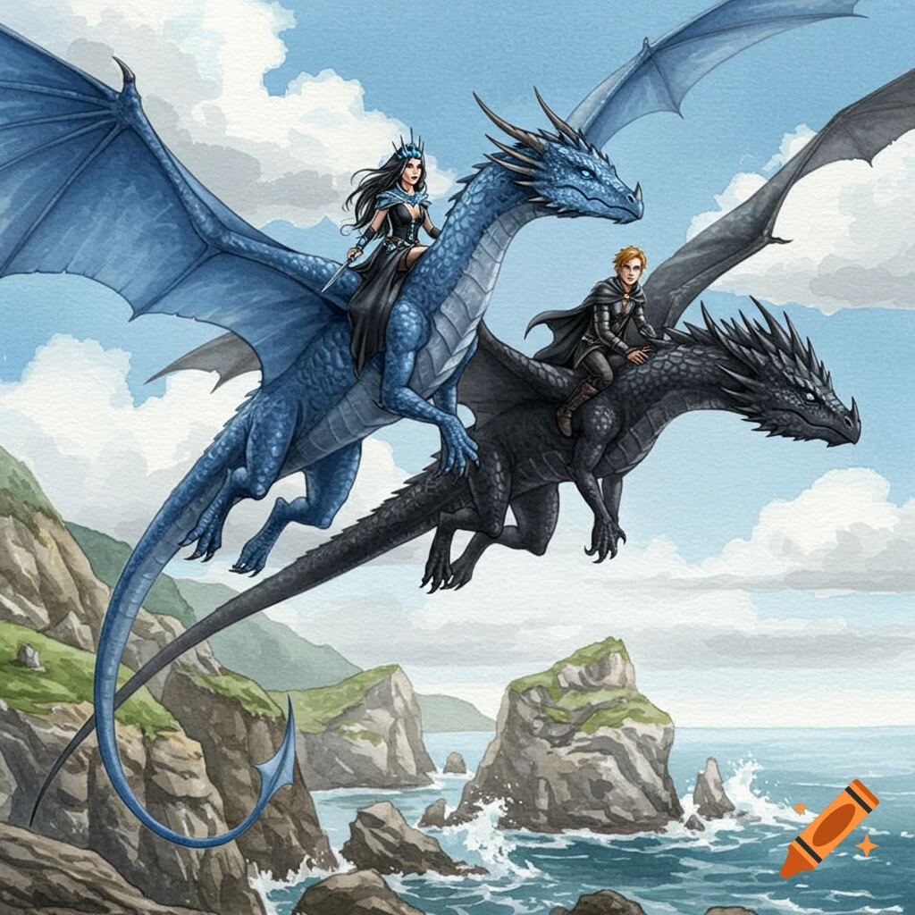 A blue dragon with a female rider and a black dragon with a male rider fly over a rocky coastline and ocean in a watercolor style.