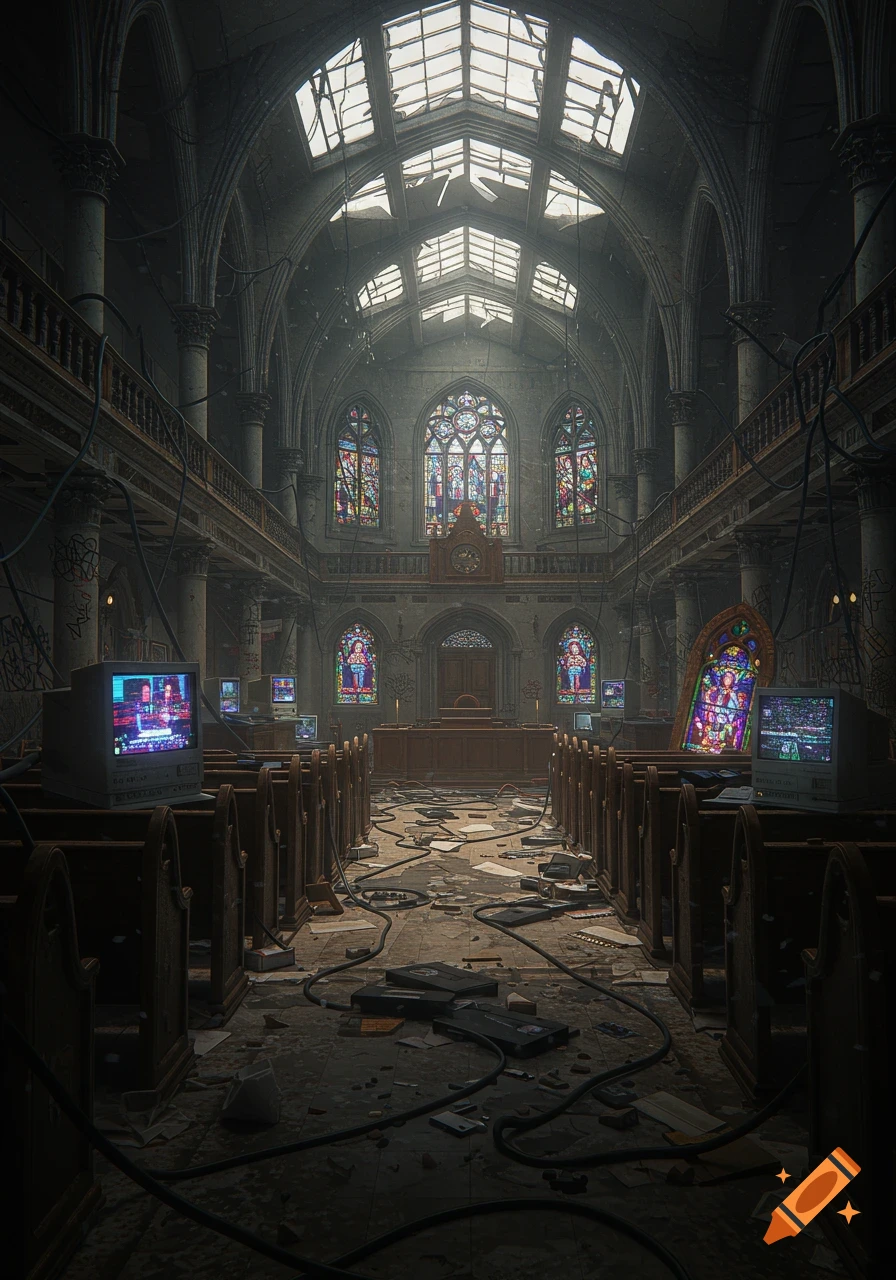 A dystopian gothic cathedral interior, ruined and cluttered with old CRT monitors, tangled wires, VHS tapes, and debris. Broken skylights allow light into the dark, decaying space.
