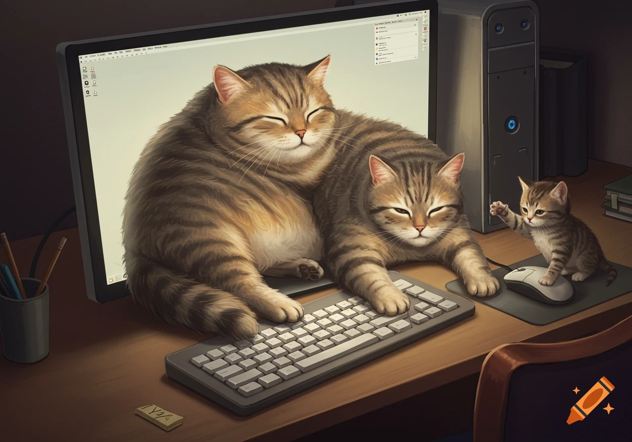 A large fluffy cat sits partly in a computer monitor, embracing a smaller cat on a keyboard. A tiny kitten bats at a computer mouse.