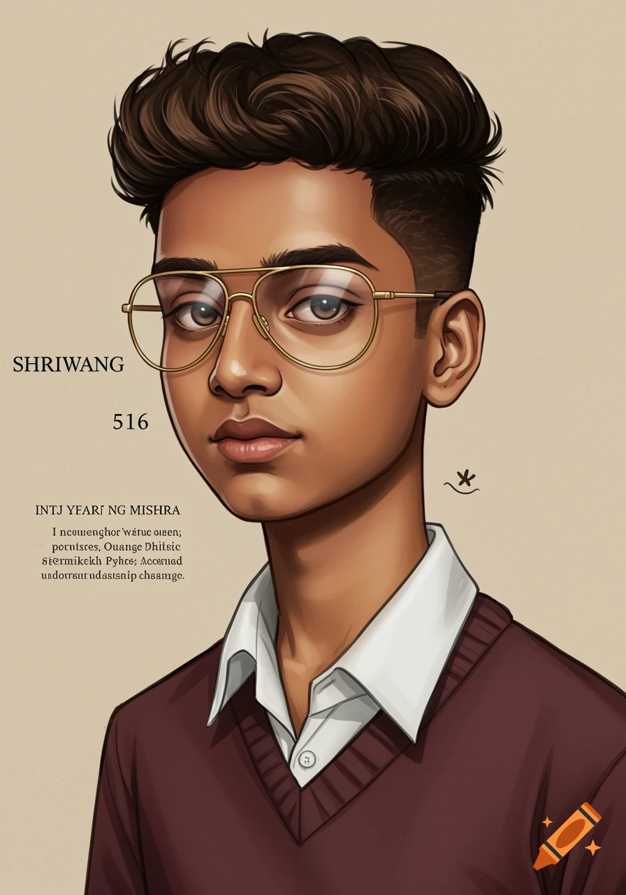 A stylized cartoon portrait of a young Indian male with short brown hair, aviator glasses, and a maroon sweater.