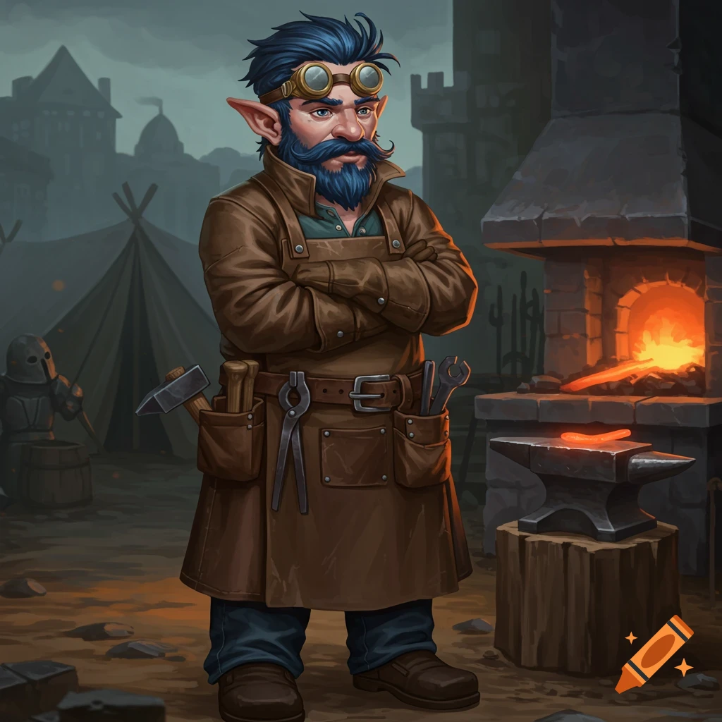 A handsome gnome blacksmith with blue hair and beard, wearing goggles, a brown leather apron and jacket, standing with crossed arms in front of a glowing forge and anvil.