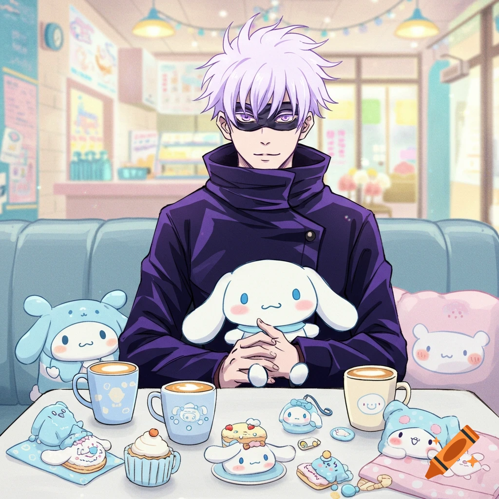 Satoru Gojo, an anime character with spiky white hair and a dark blindfold, sits in a cafe, holding a Cinnamoroll plushie surrounded by various Cinnamoroll merchandise.