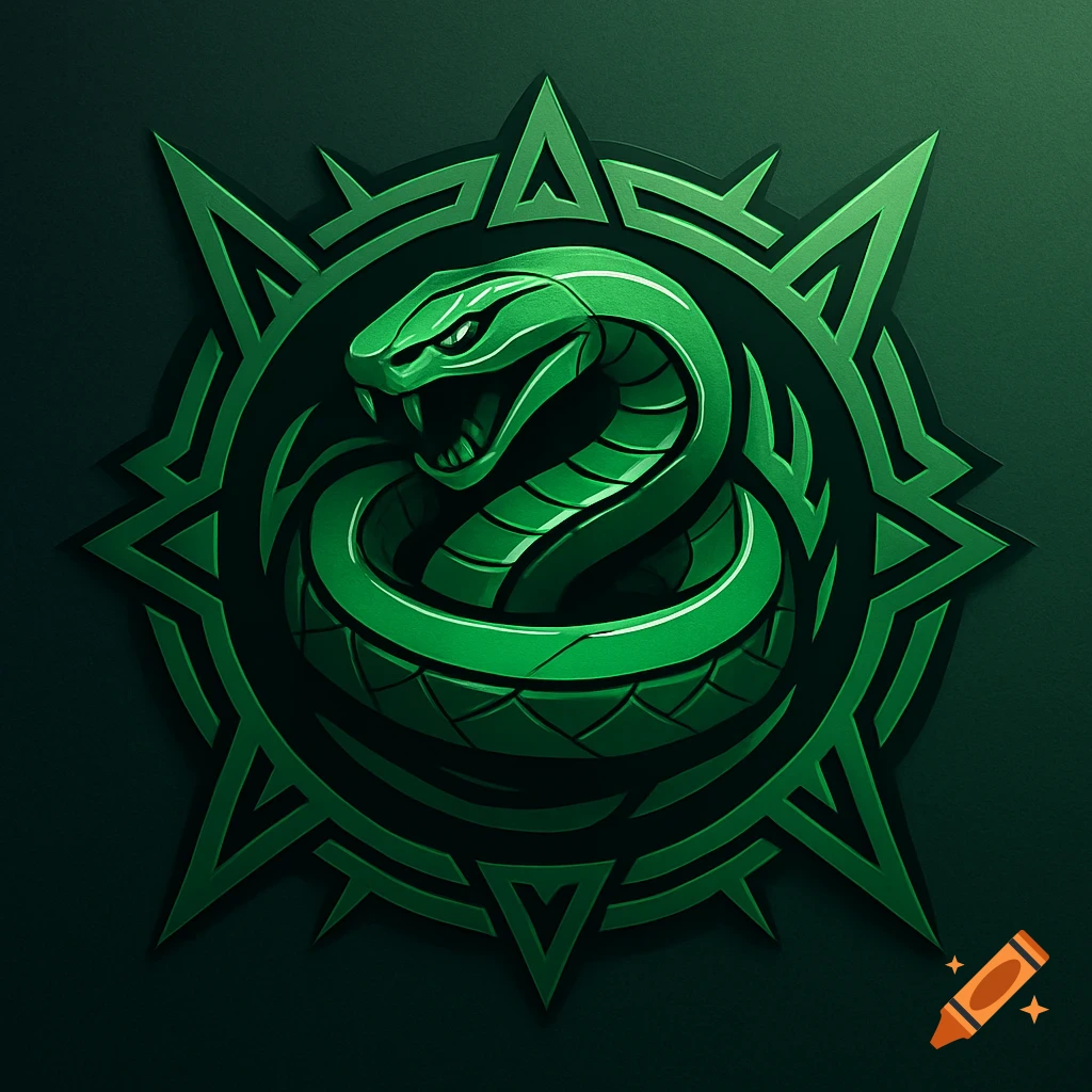 A stylized green snake coiled within a dark green, spiky, circular logo design.