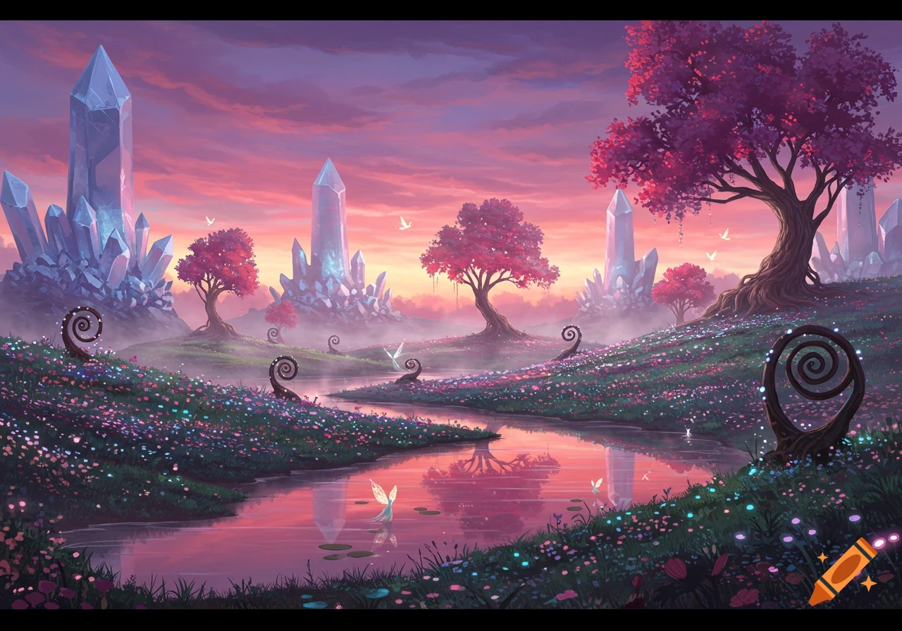 A vibrant fantasy landscape at sunset with large glowing crystals, pink trees, a winding river, and fields of colorful flowers.