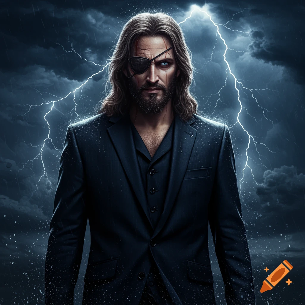 A photorealistic image of a man with long hair and a beard, resembling Jesus, wearing a dark suit and an eyepatch, standing against a stormy sky with lightning.