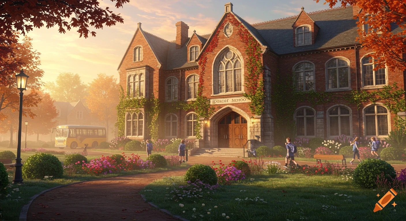 An idyllic, detailed autumn scene of a red-brick school building with students walking outside. A yellow school bus is in the misty background.