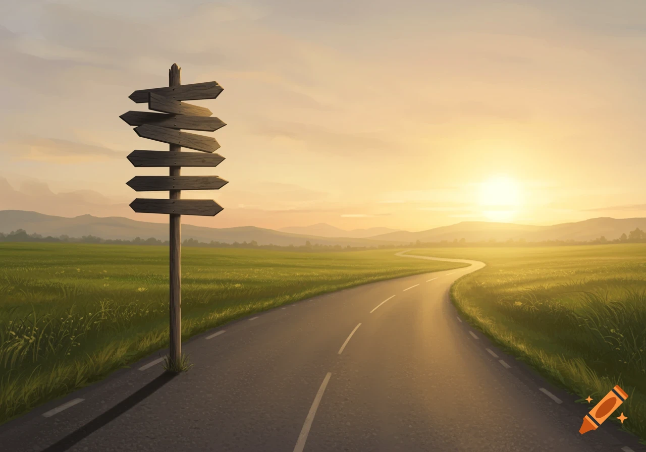 A winding road through green fields towards a sunset, with a multi-directional wooden signpost in the foreground.