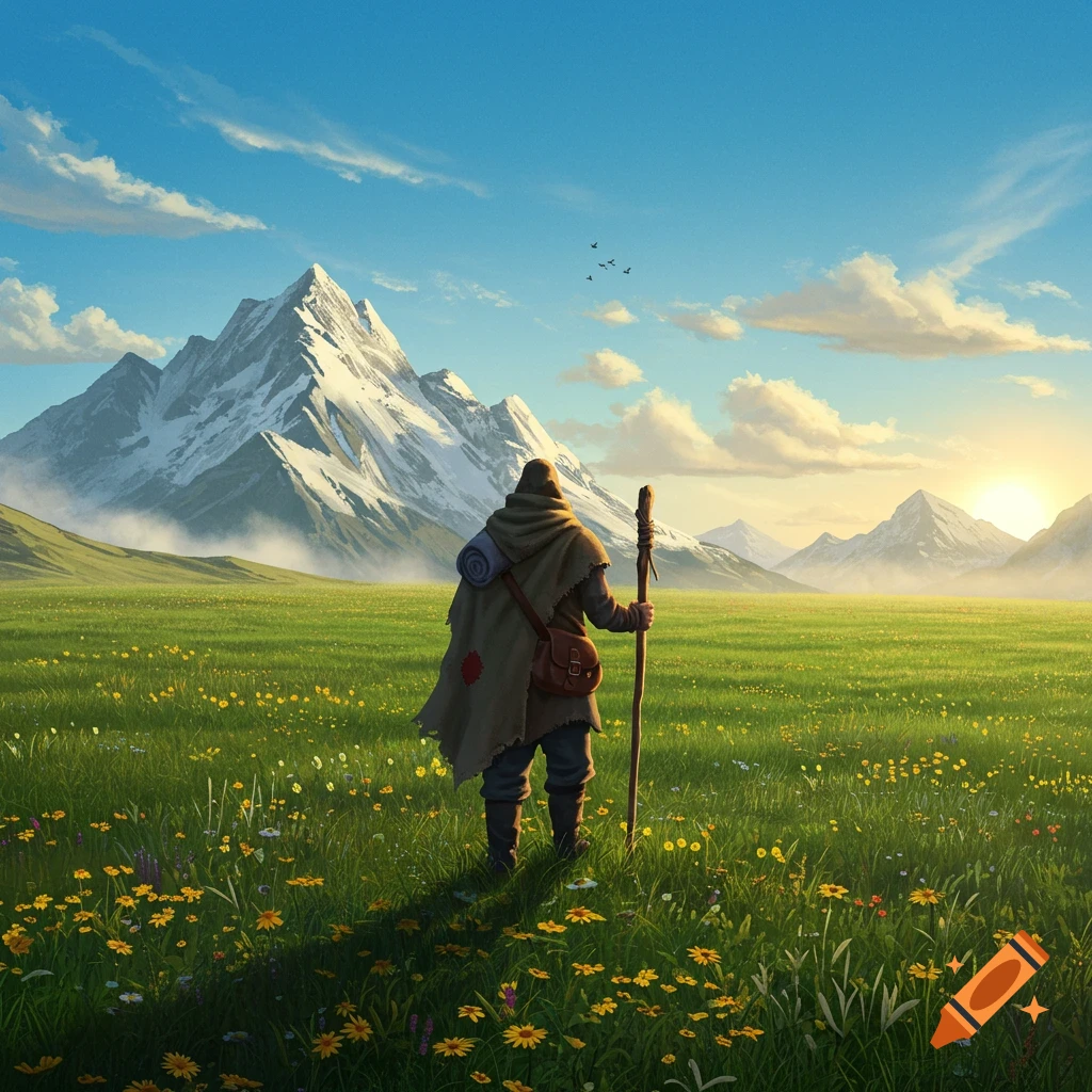A lone traveler with a staff and satchel stands in a vast green meadow filled with yellow wildflowers, facing snow-capped mountains under a blue sky at sunrise.