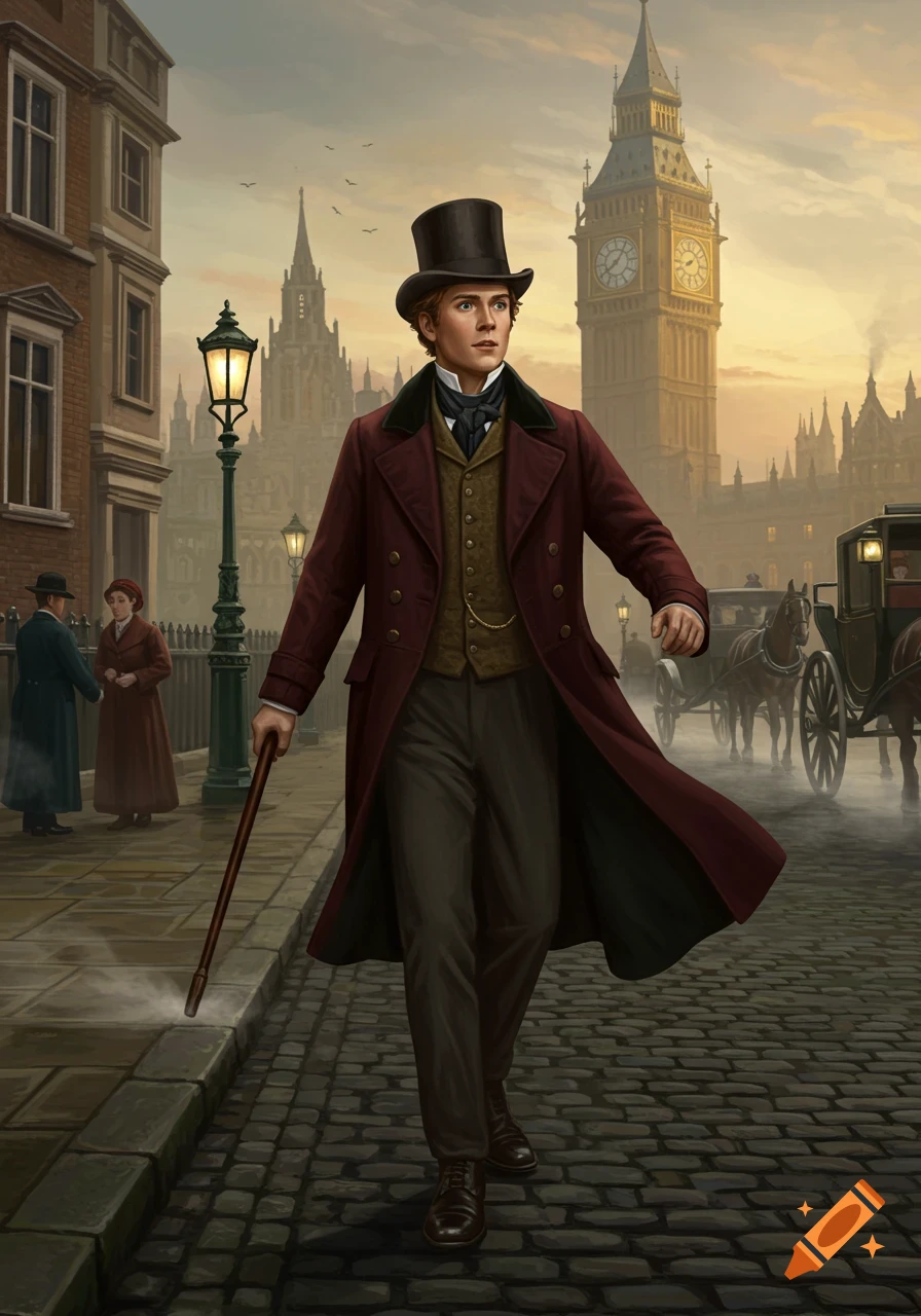 A young man in a top hat and long coat walks on a cobbled street in Victorian London, with Big Ben in the background.
