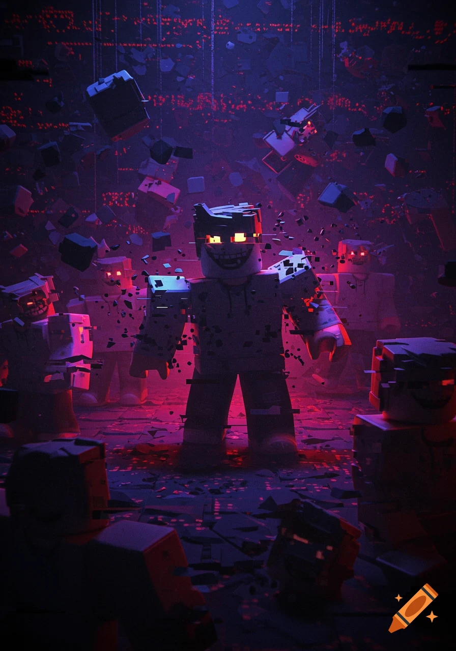 Dark digital art of menacing, blocky humanoid figures with glowing eyes and glitching bodies in a neon purple and red void.