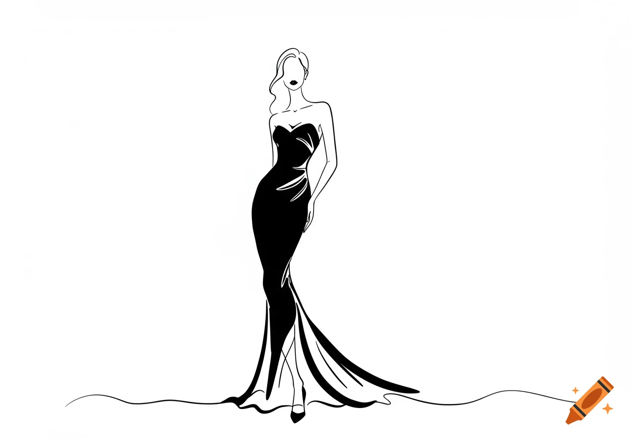 A stylized black and white line drawing of a woman in a long, elegant black dress.