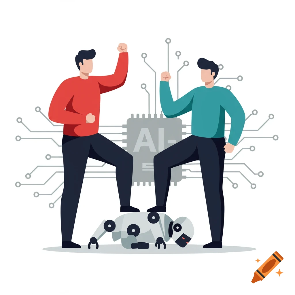 An illustration showing two men with raised fists standing triumphantly over a defeated robot, with a large computer chip in the background.