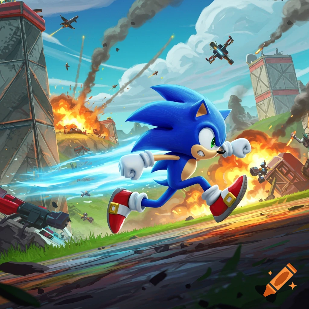 Sonic the Hedgehog speeds through a vibrant, chaotic battlefield with explosions, smoke, and aircraft in a stylized video game art style.