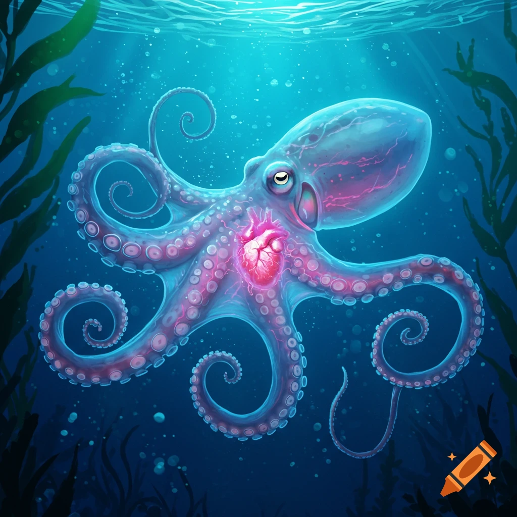 Digital illustration of a blue octopus with a transparent body and glowing pink heart, swimming underwater among green seaweed.