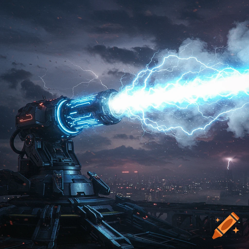 A futuristic laser cannon firing a bright blue energy beam over a stormy city skyline with lightning.