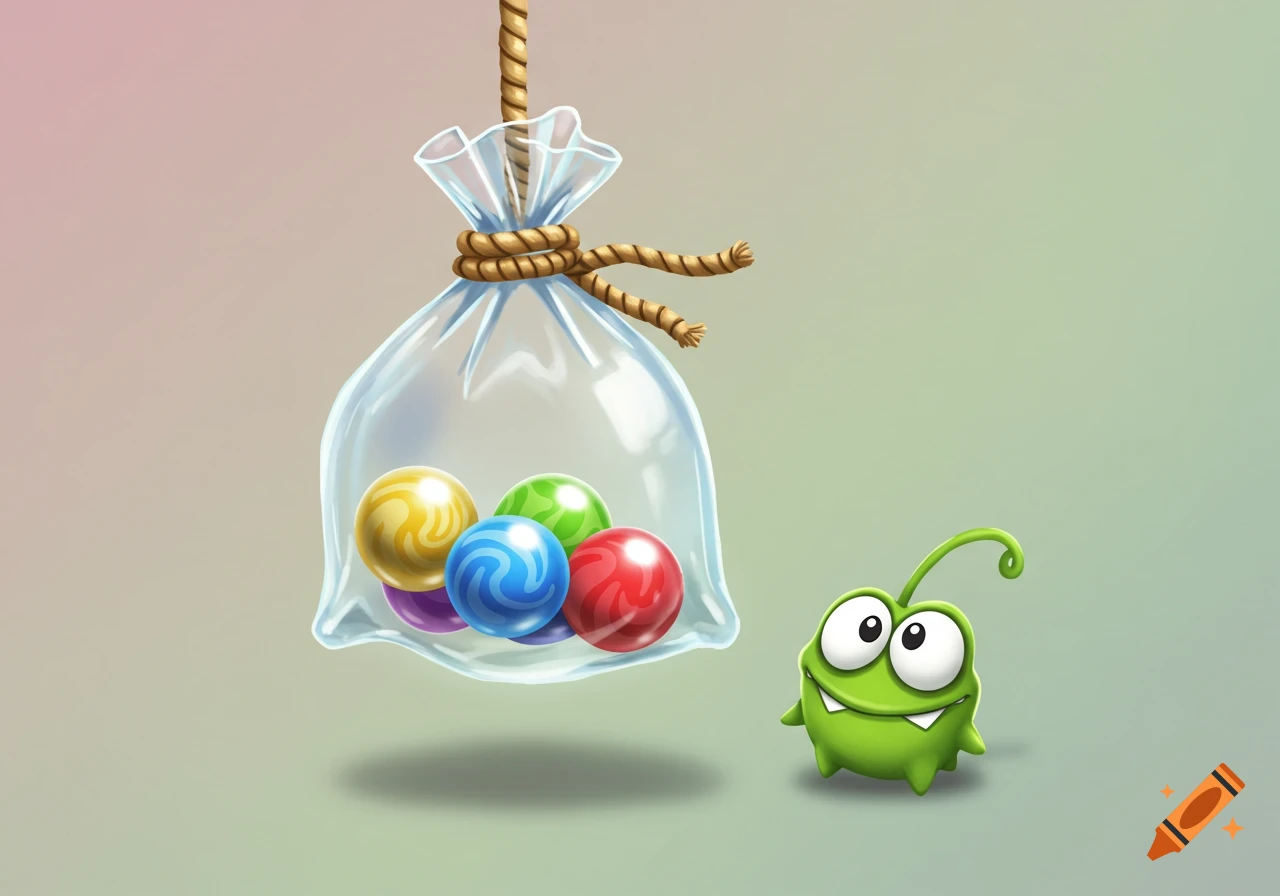 A cartoon green monster Om Nom looks at a transparent bag of colorful candies tied with a rope.