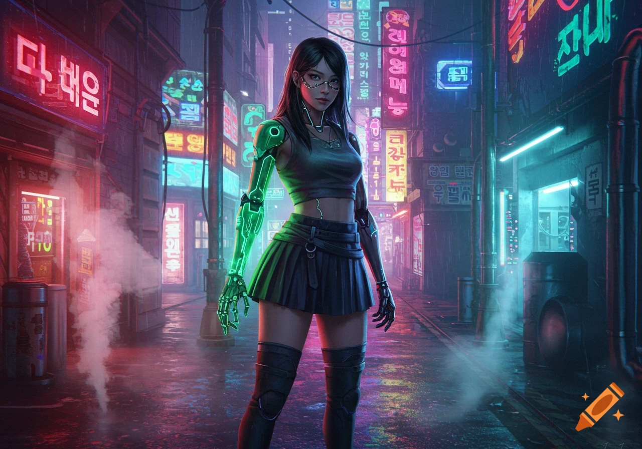 A female cyberpunk character with a glowing green cybernetic arm stands in a neon-lit futuristic city street.