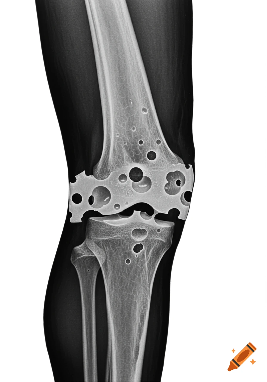 X-ray image showing a human knee with a Swiss cheese joint, black and white.