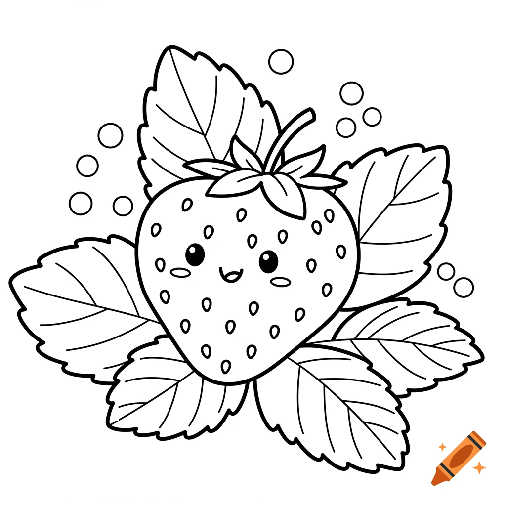 Black and white line art of a cute strawberry with a smiling face surrounded by leaves, designed as a coloring page.