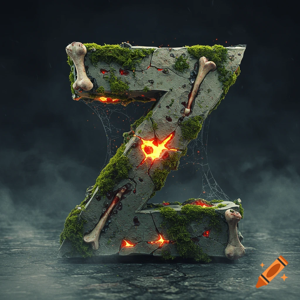 A weathered stone letter Z covered in green moss, cracked with glowing orange light, and embedded with human bones, against a dark, foggy background.