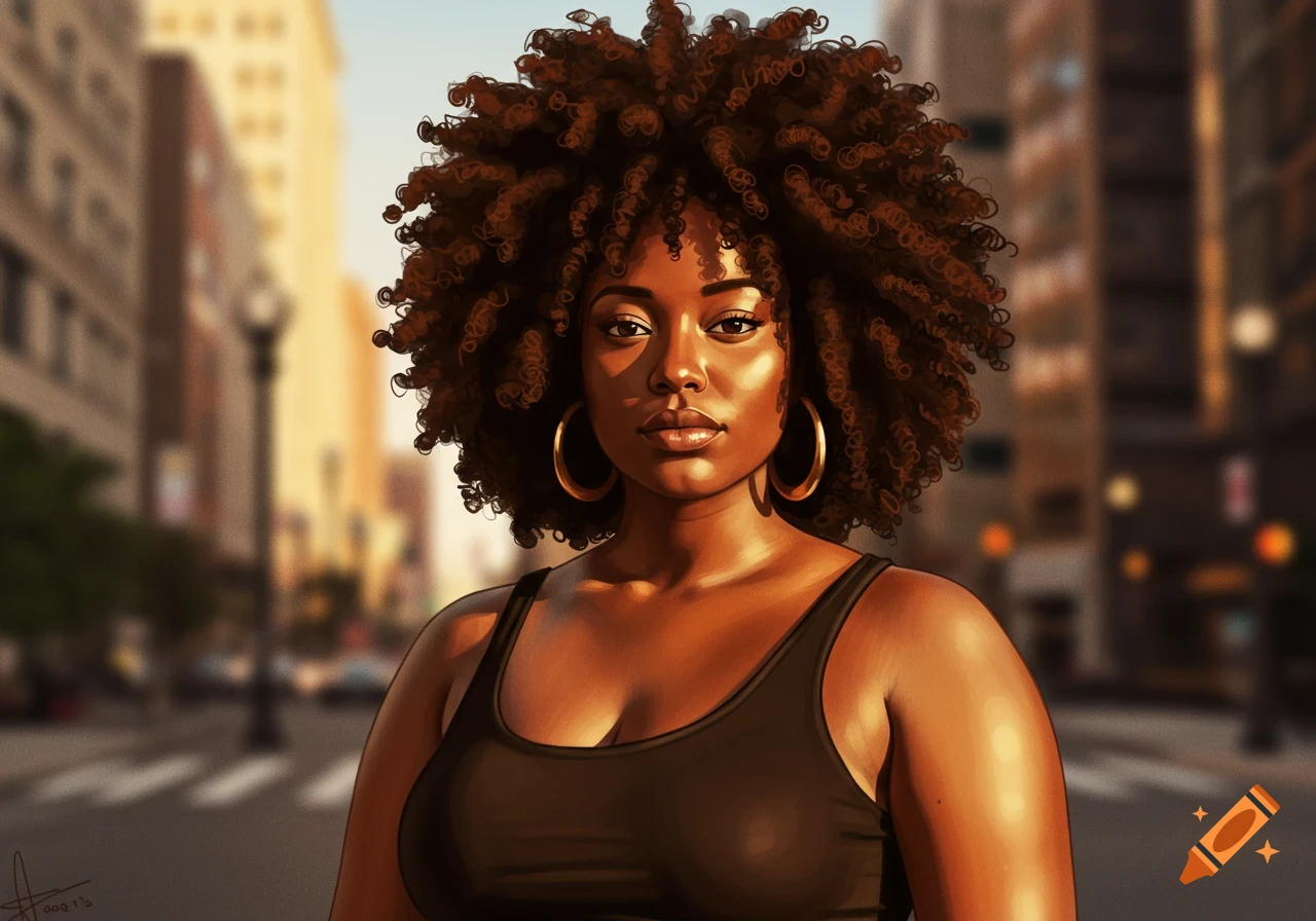 A digital illustration of a Black woman with curly afro-textured hair and hoop earrings, wearing a black tank top, in a blurred city street background.
