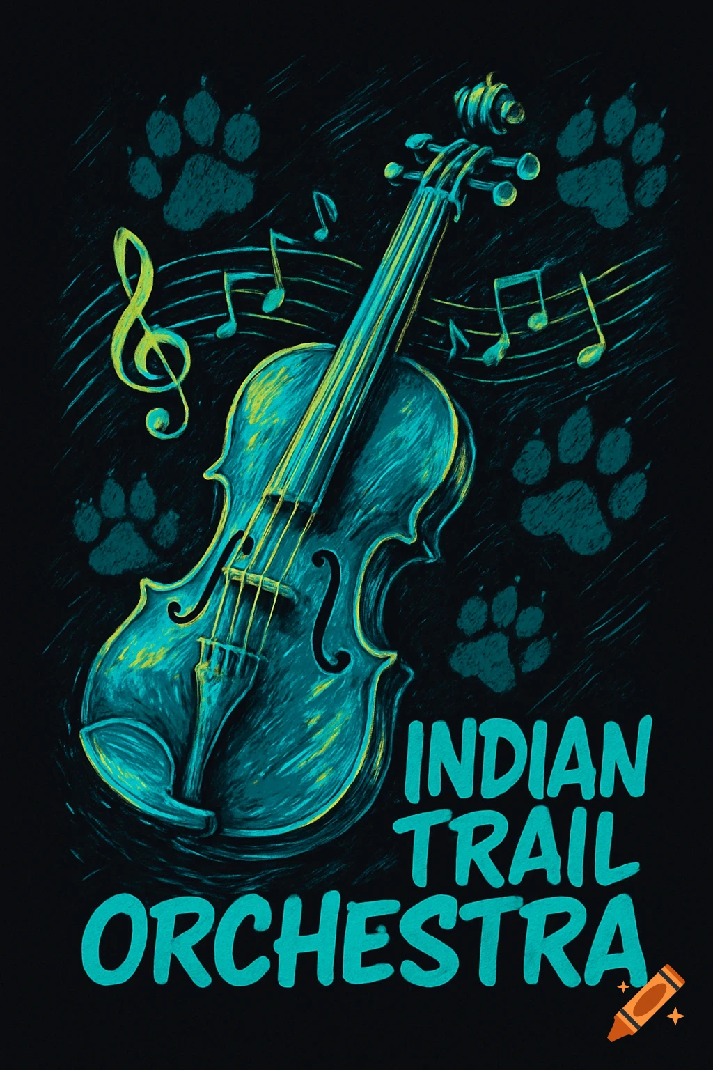 A stylized illustration of a violin with musical notes and paw prints on a black background. The text "INDIAN TRAIL ORCHESTRA" is prominently displayed.