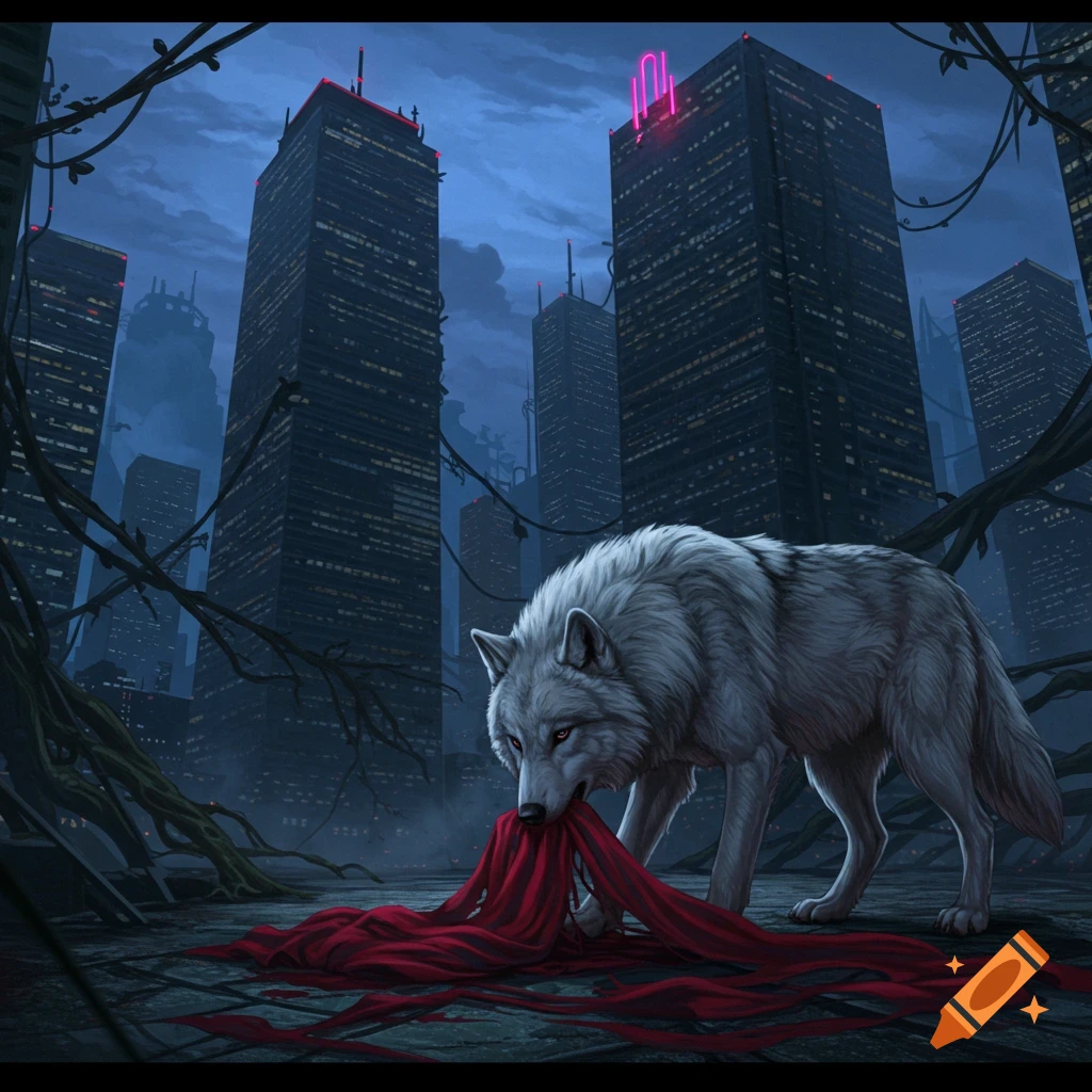 A white wolf with red eyes stands on a crumbling city street at dusk, chewing on a large pile of red fabric. Tall, dark skyscrapers with glowing windows loom in the background, intertwined with gnarled, dark vines.