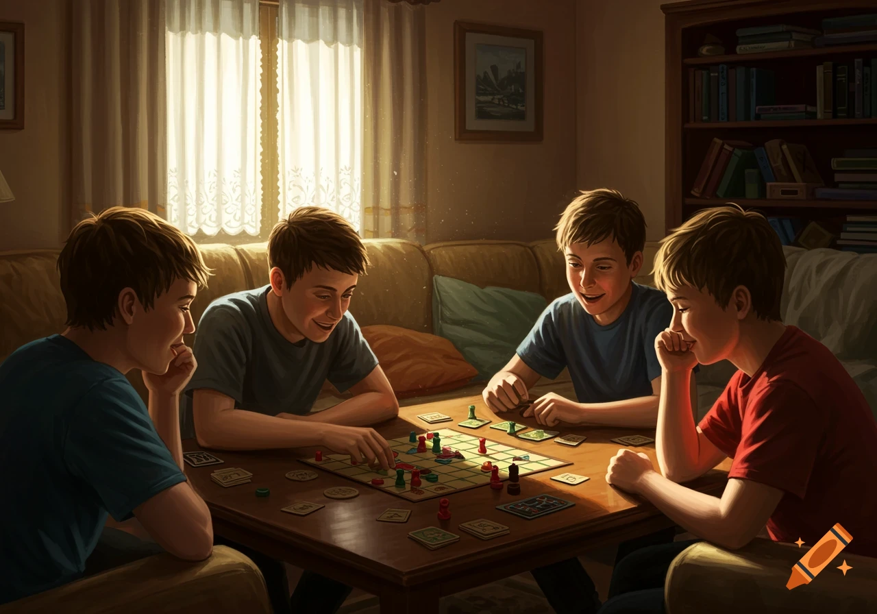 Four young boys gathered around a table, playing a board game in a sunlit living room.