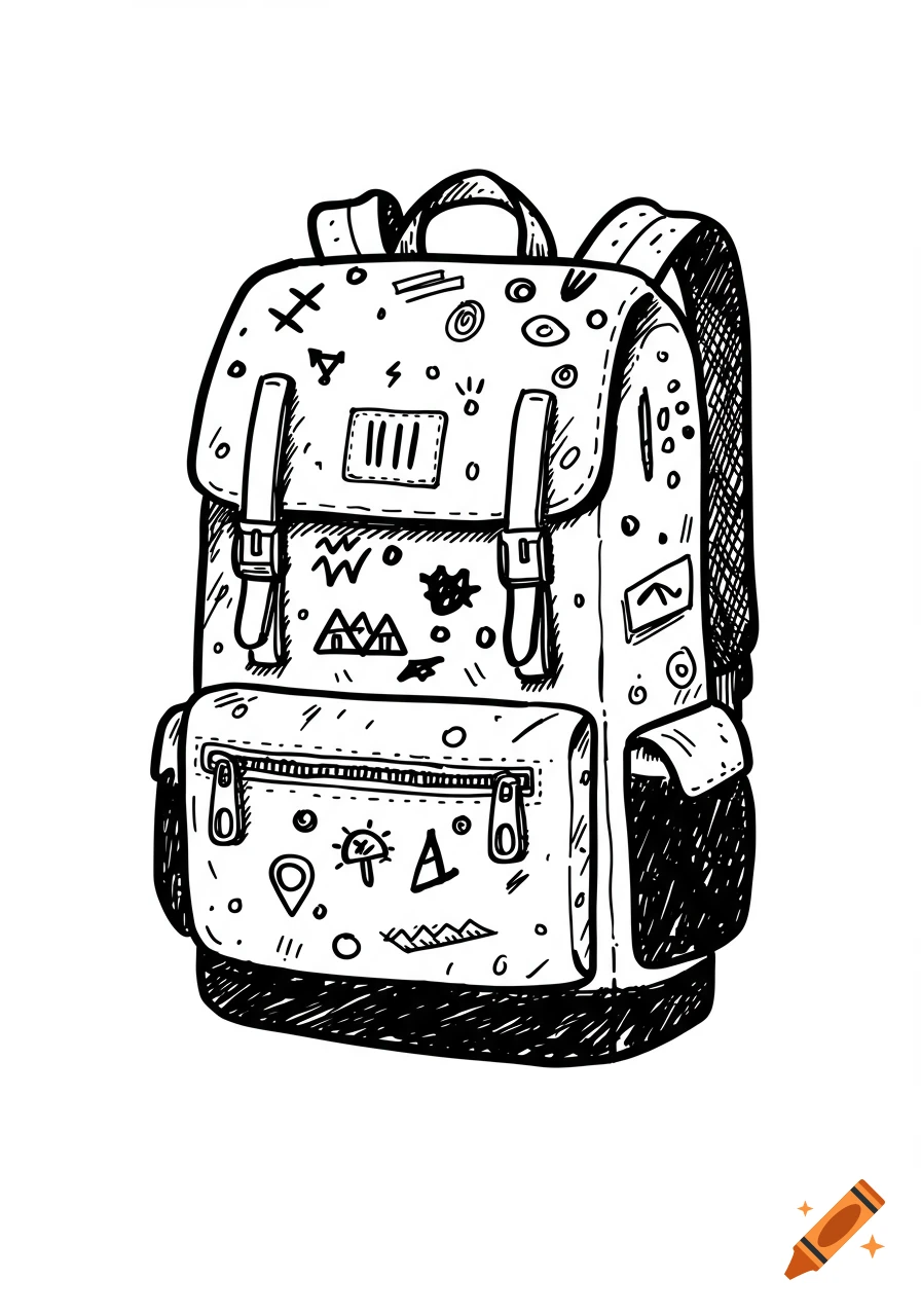 A black and white hand-drawn doodle of a backpack covered in abstract shapes.