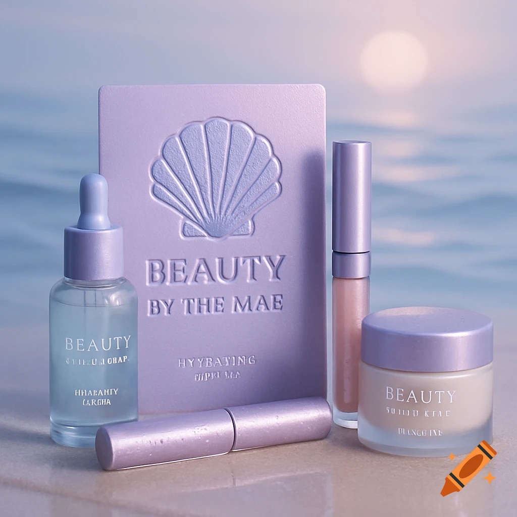 A periwinkle beauty product collection with a seashell motif, including bottles, a jar, and a palette, set on a beach background with the ocean and sun.
