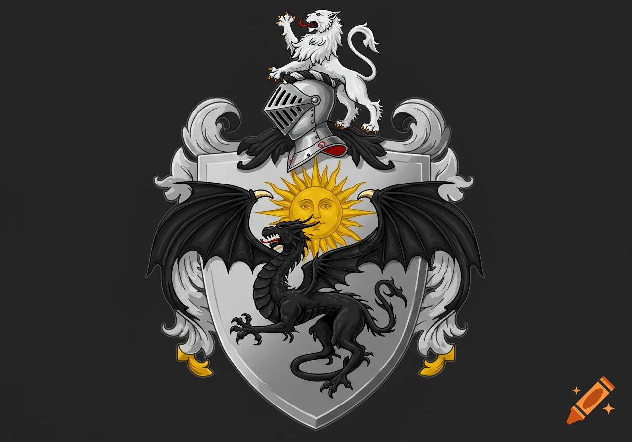 A detailed heraldic crest featuring a black dragon over a golden sun on a silver shield, topped by a knight's helmet and a white lion rampant.
