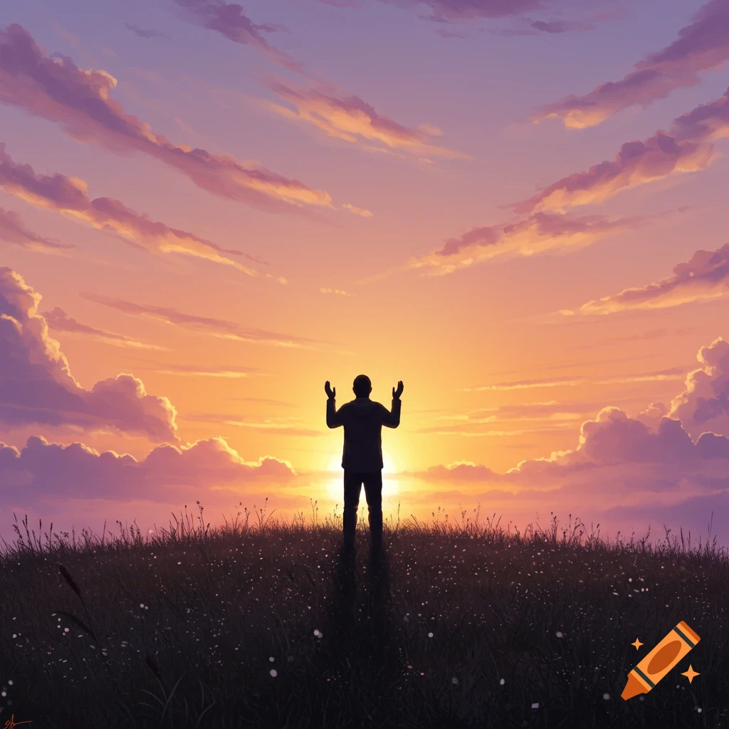 Silhouette of a man with hands raised on a grassy hill at sunset, digital painting.
