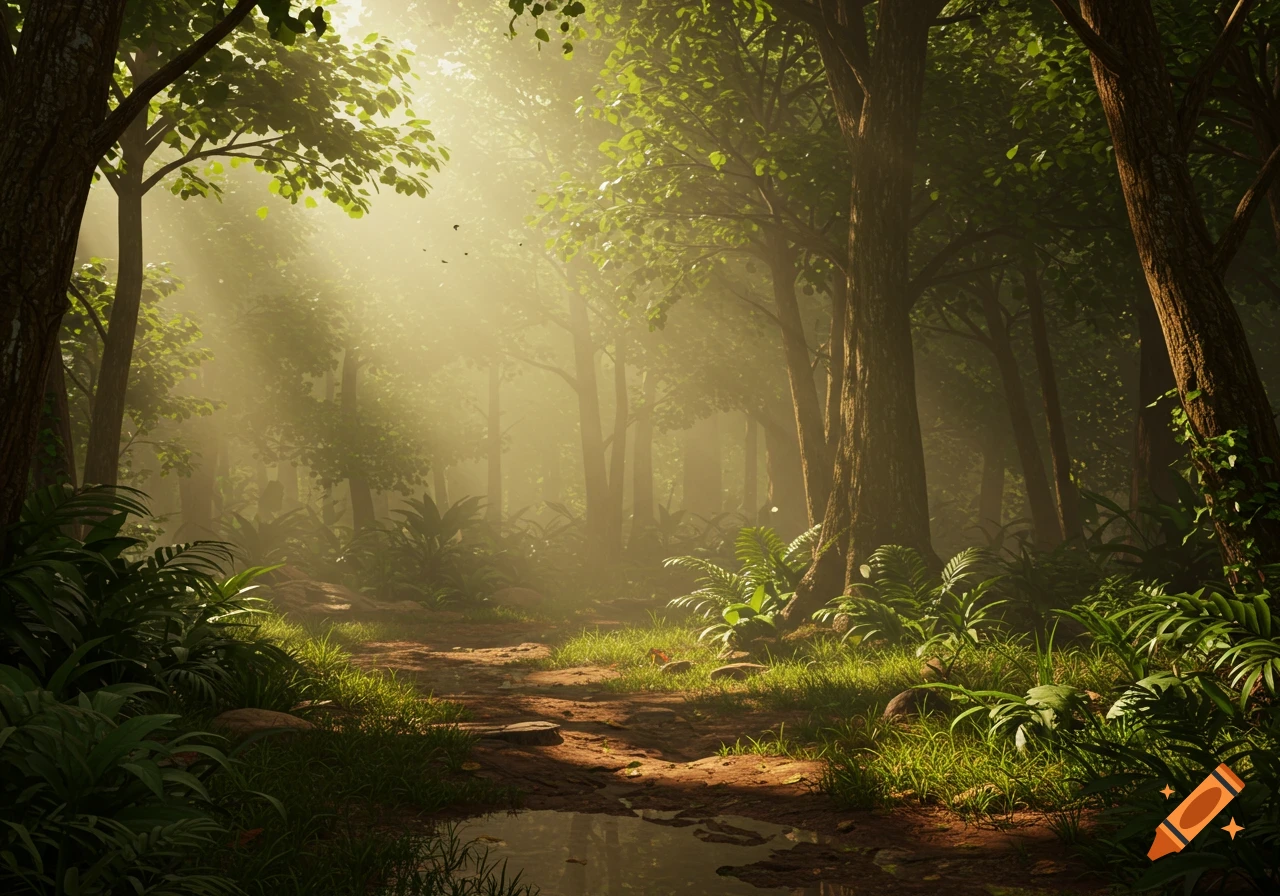 A realistic rainforest with sun rays shining through the leaves onto a dirt path.