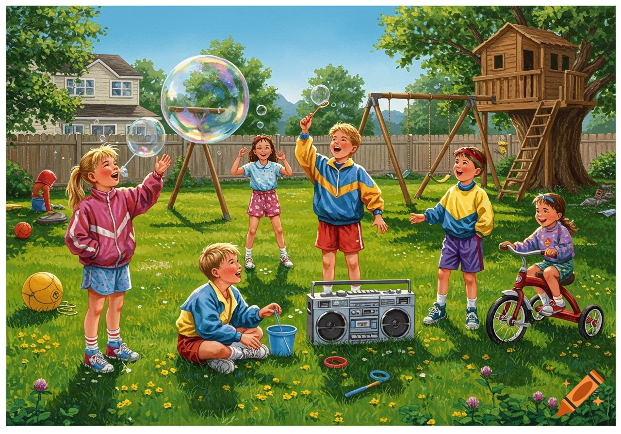 A group of cheerful children playing with bubbles, a boombox, and a tricycle in a sunny backyard with a treehouse.
