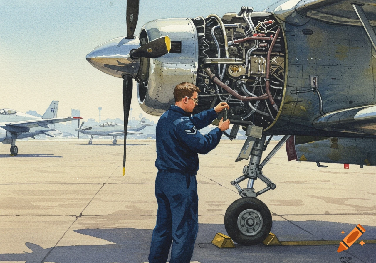 Watercolor painting of an air force mechanic in blue coveralls inspecting the engine of a propeller airplane on a tarmac.