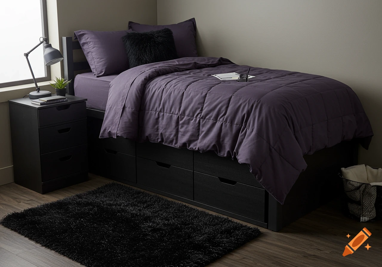 A well-organized college dorm room with a black twin XL bed featuring under-bed storage, dark lavender bedding, black fluffy pillows, and a matching black rug.