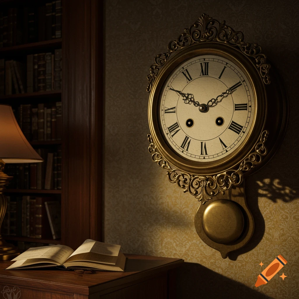 A vintage gold ornate wall clock with Roman numerals hangs in a dimly lit library, next to an open book and lamp on a wooden desk.