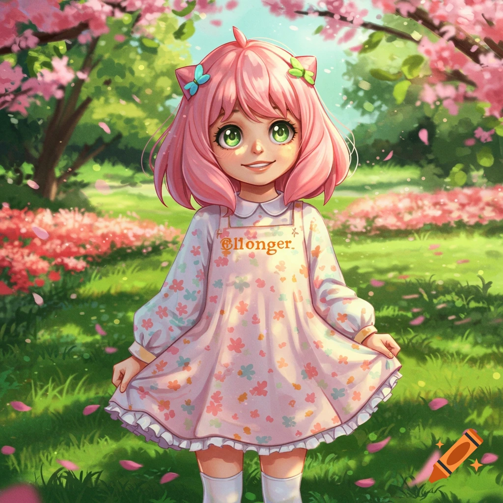 An anime girl with pink hair and green eyes smiles in a flowery pink dress in a sunny garden.