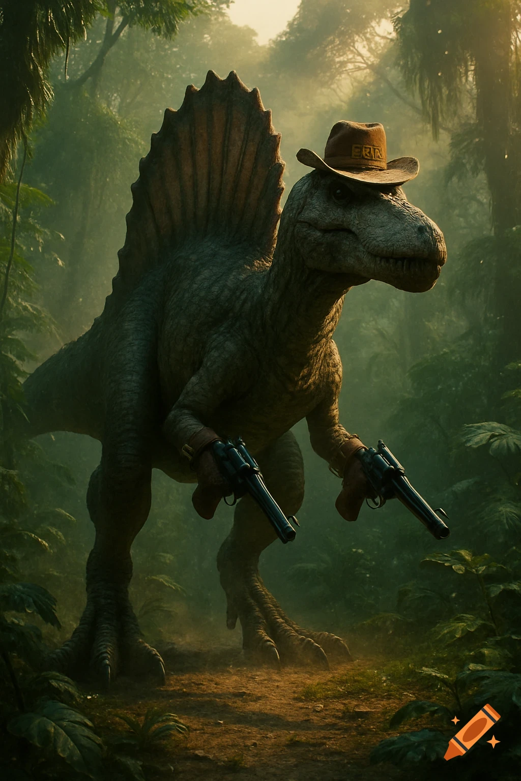 A Spinosaurus wearing a cowboy hat and holding two pistols stands in a misty, sunlit jungle.