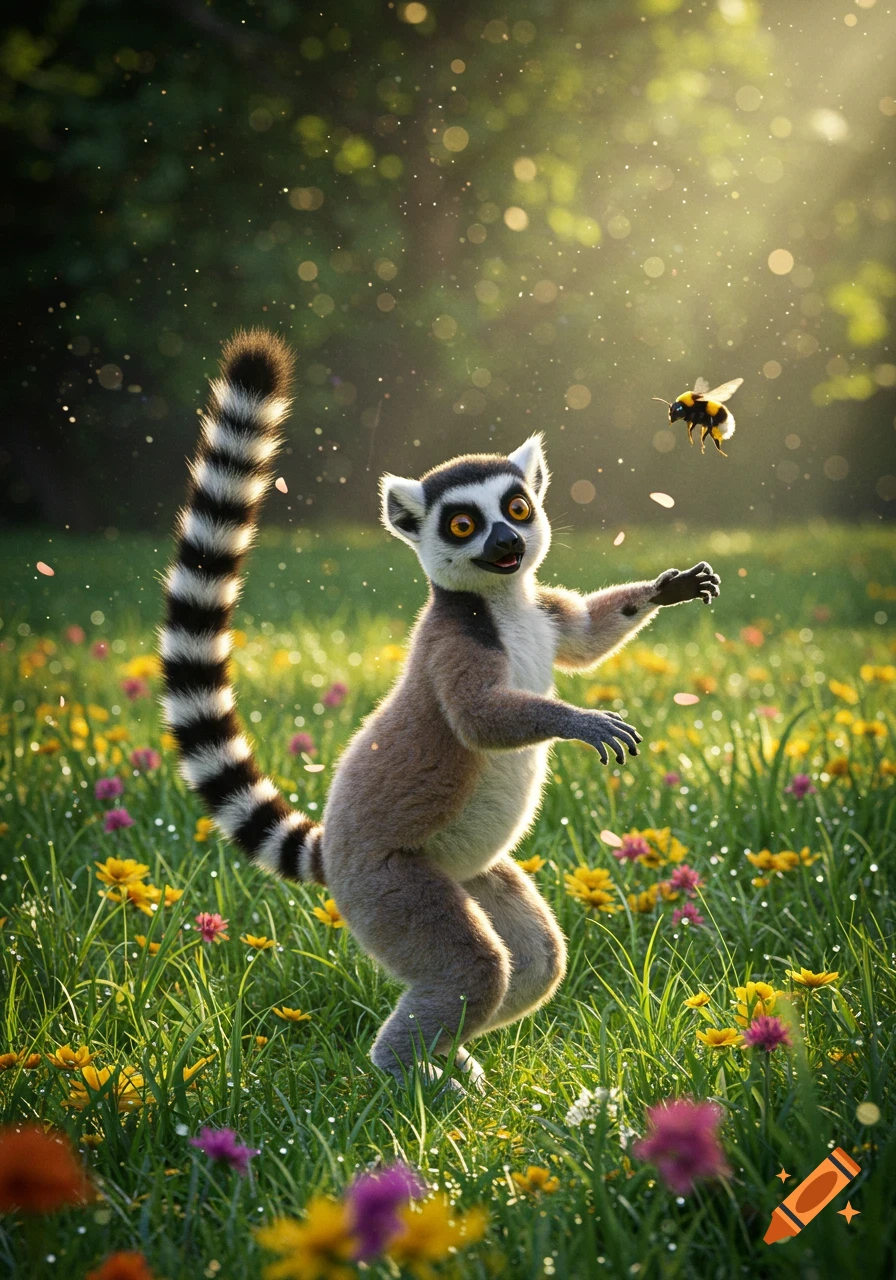A photorealistic lemur with big eyes dances in a sunny meadow full of wildflowers, reaching out towards a bumblebee.