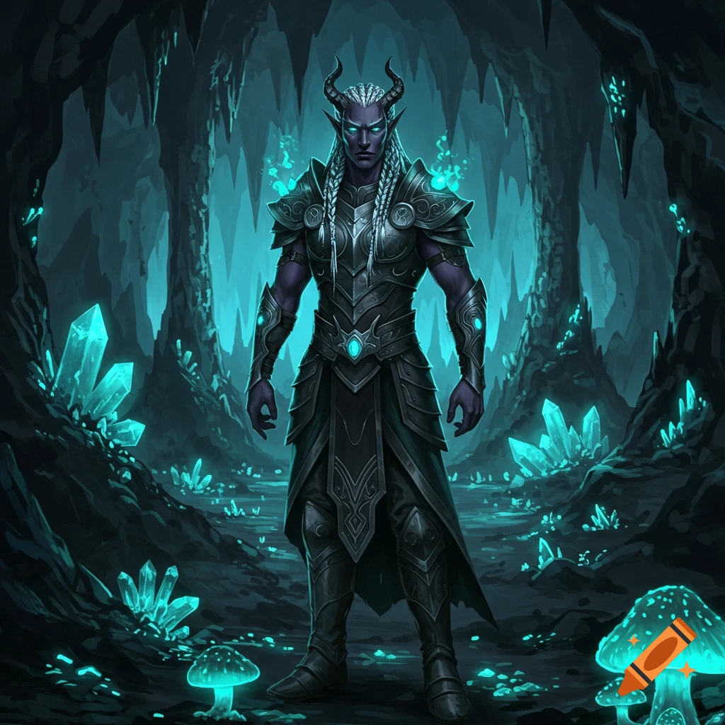 A horned dark elf in ornate armor with glowing blue eyes stands in a subterranean cave with bright blue crystals and mushrooms.