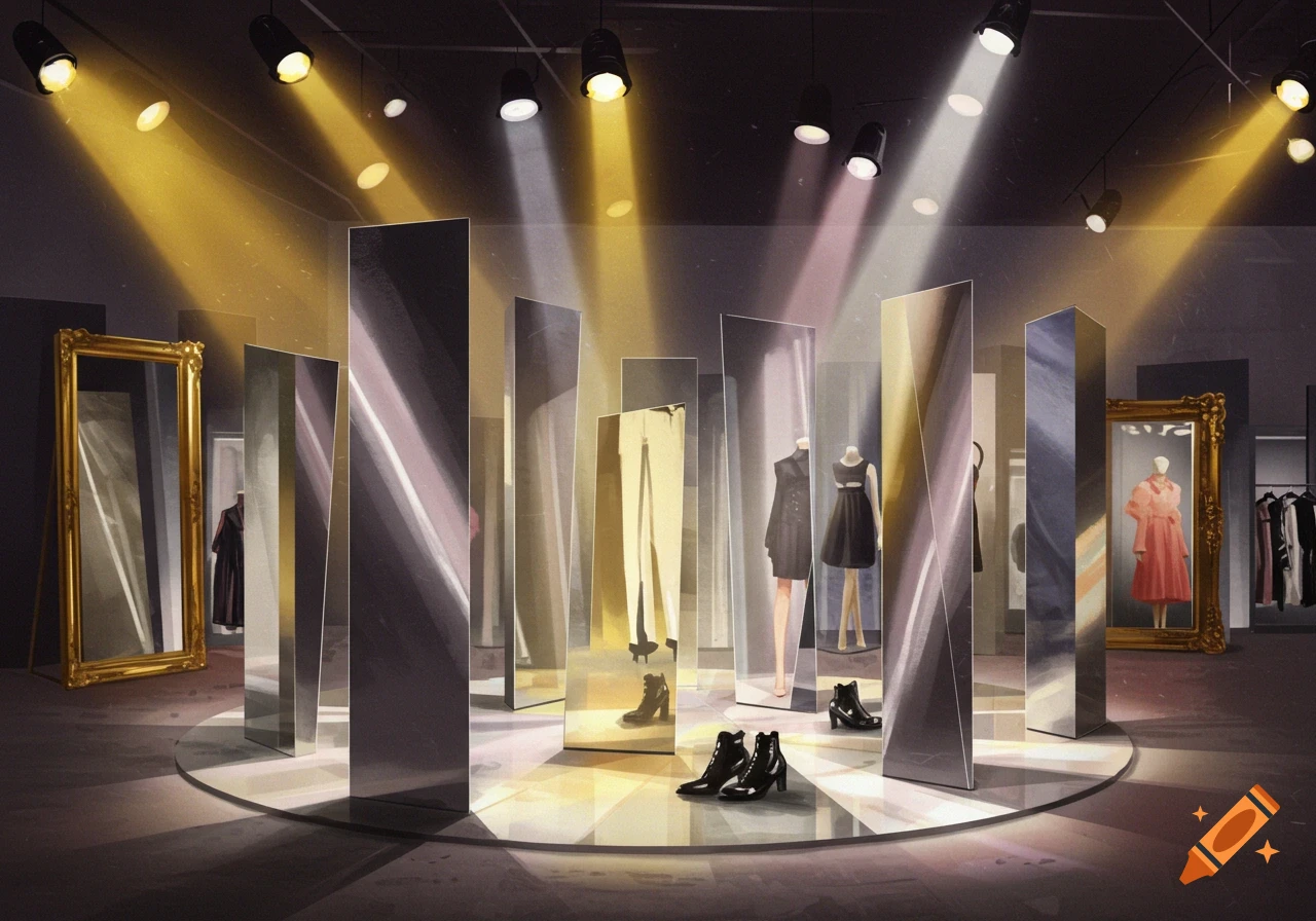 A stylish fashion showroom with mannequins, tall reflective mirrors, and dramatic spotlights illuminating the scene.