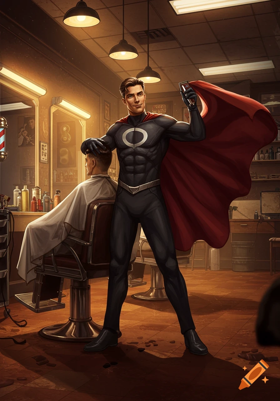 A superhero with a red cape and black suit stands in a barber shop holding hair clippers, next to a customer in a barber chair.