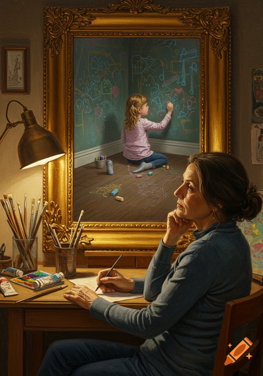 An adult woman draws at a desk, looking at an ornate framed painting showing a little girl drawing on a wall. Oil painting style.